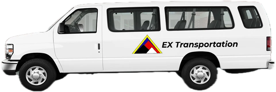 White EX Transportation passenger van, side view